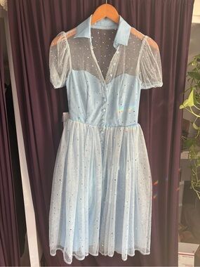 NWT XS Unique Vintage Light Blue Silver Stars Sheer Sparkle Party Dress